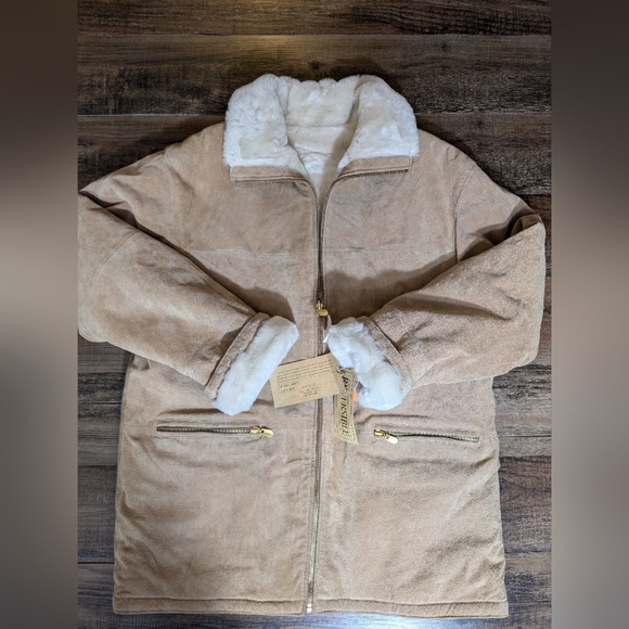 NWT Vintage Deadstock Winlit Leather Reversible Jacket Large In Tan Faux Fur - Picture 1 of 13